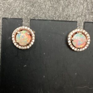 EJI .925 Silver Lab Created Fire Opal And CZ Halo Stud Earrings